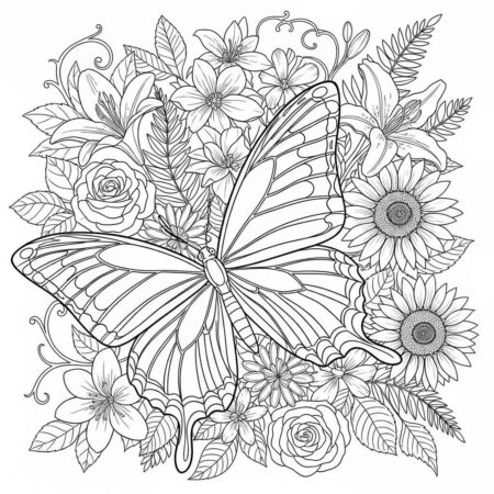 Borboleta com Flores (Desenho para Colorir)