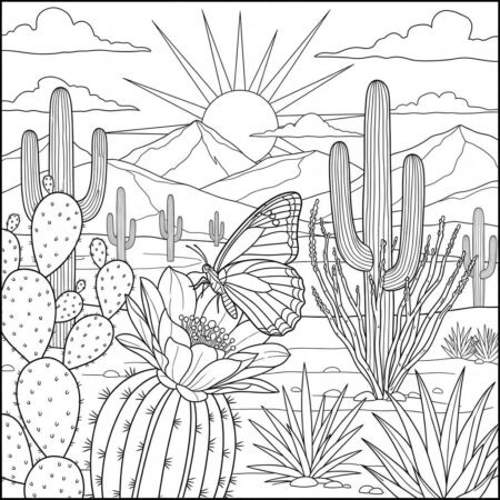 Borboleta e Cacto (Desenho para Colorir)