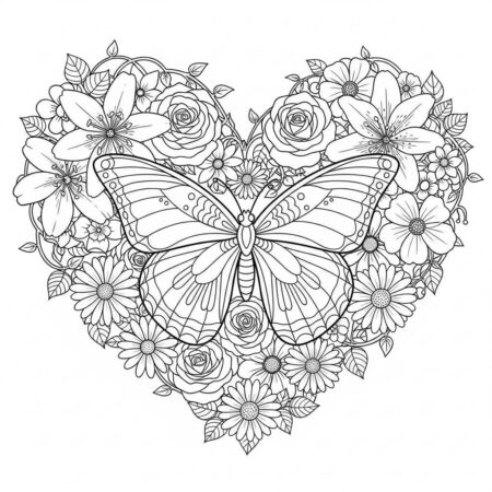 Borboleta e Coracao de Flores (Desenho para Colorir)