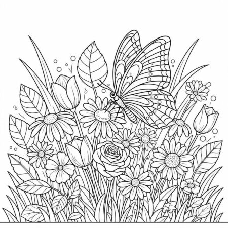 Borboleta e Flores Coloridas (Desenho para Colorir)