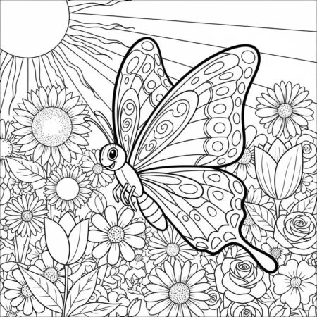 Borboleta e Flores para Criancas (Desenho para Colorir)