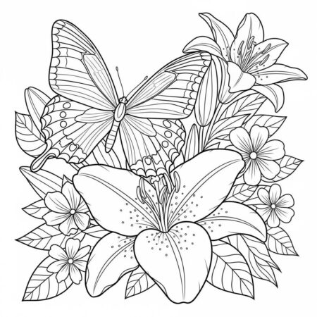 Borboleta e Lirios (Desenho para Colorir)