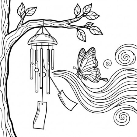Borboleta e Sinos de Vento (Desenho para Colorir)