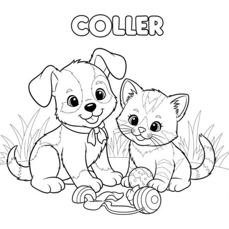 Cachorrinho e Gato Amigos (Desenho para Colorir)