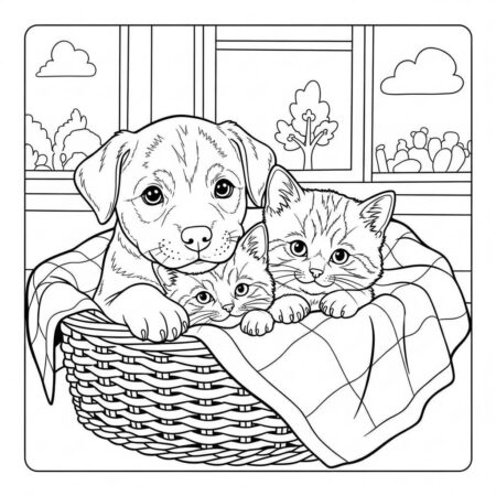 Cachorrinho e Gato em Cesta (Desenho para Colorir)