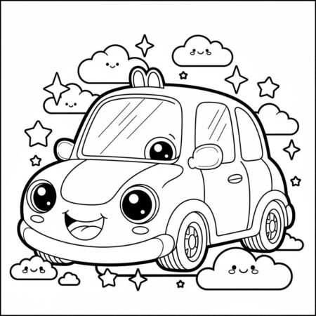 Carro Kawaii Divertido (Desenho para Colorir)