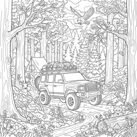 Carro de Aventura na Floresta (Desenho para Colorir)