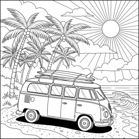 Carro de Ferias na Praia (Desenho para Colorir)