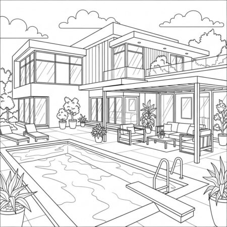 Casa Moderna com Piscina (Desenho para Colorir)
