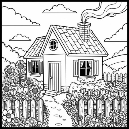 Casa Simples com Jardim (Desenho para Colorir)