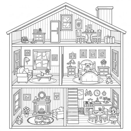 Casa de Boneca com Moveis (Desenho para Colorir)