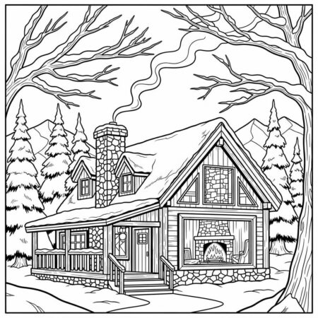 Casa de Montanha com Lareira (Desenho para Colorir)