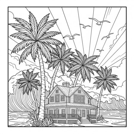 Casa de Praia com Palmeiras (Desenho para Colorir)