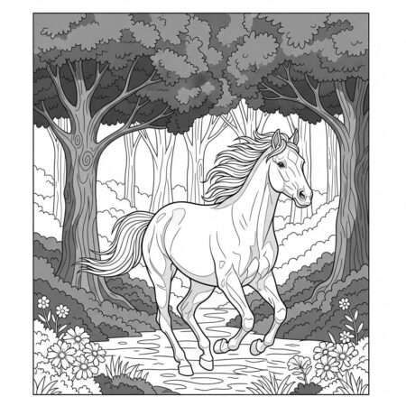 Cavalo Galopando na Floresta (Desenho para Colorir)