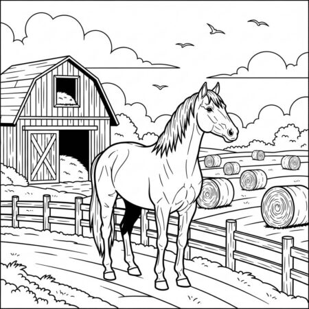 Cavalo Realista na Fazenda (Desenho para Colorir)