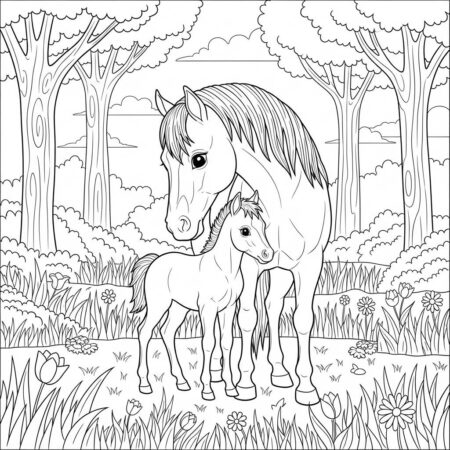 Cavalo e Filhote na Natureza (Desenho para Colorir)