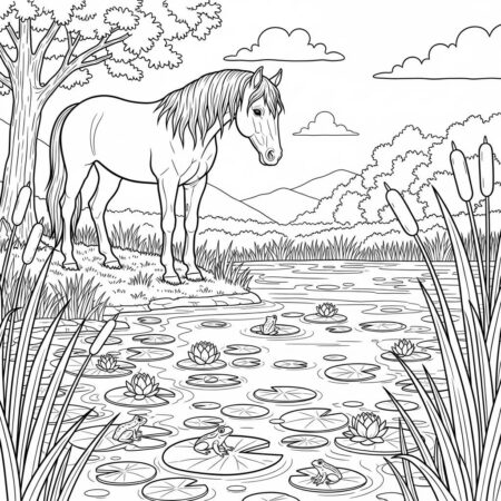 Cavalo e Lagoa (Desenho para Colorir)
