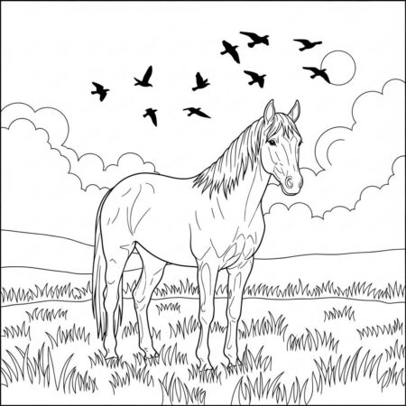 Cavalo e Passaros no Campo (Desenho para Colorir)