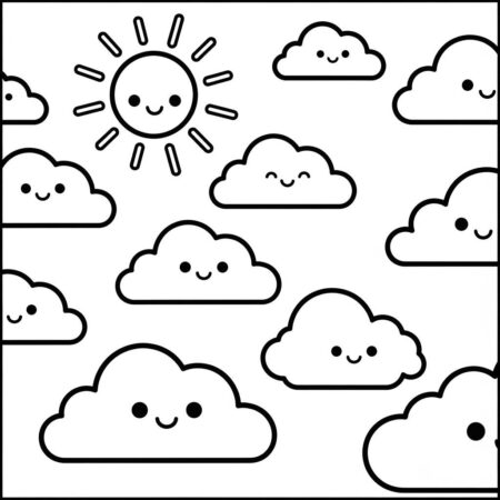 Ceu Kawaii com Nuvens (Desenho para Colorir)