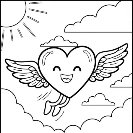 Coracao Kawaii Com Asas (Desenho para Colorir)