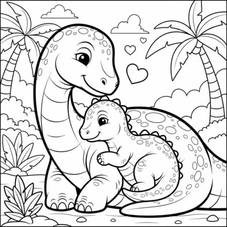 Dinossauro Bebe com Mae (Desenho para Colorir)