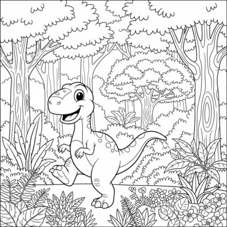 Dinossauro Brincando na Floresta (Desenho para Colorir)
