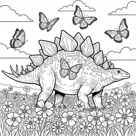 Dinossauro Estegossauro e Flores (Desenho para Colorir)
