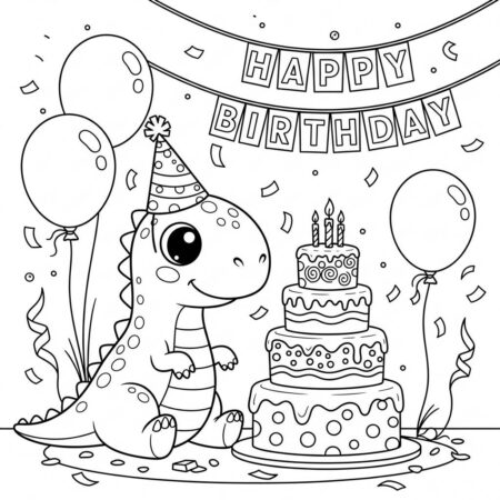 Dinossauro de Aniversario (Desenho para Colorir)