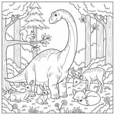 Dinossauro e os Animais da Floresta (Desenho para Colorir)