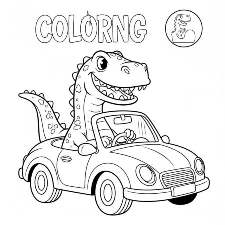 Dinossauro em um Carro (Desenho para Colorir)