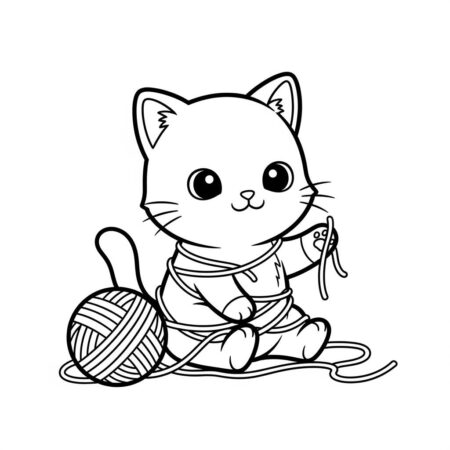 Gato Kawaii Brincando (Desenho para Colorir)