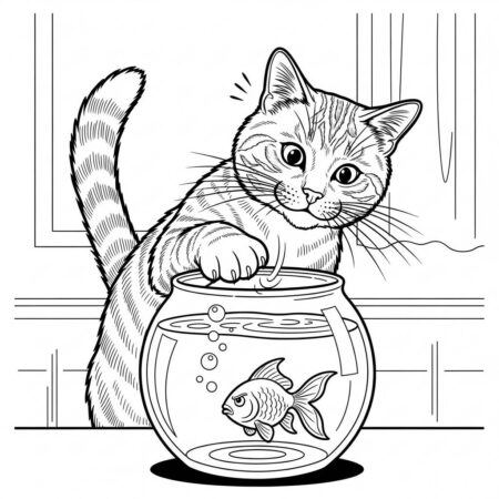 Gato e Peixe Brincando (Desenho para Colorir)