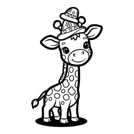 Girafa Kawaii Com Chapeu (Desenho para Colorir)