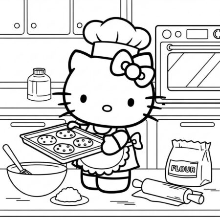 Hello Kitty assando biscoitos na cozinha (Desenho para Colorir)