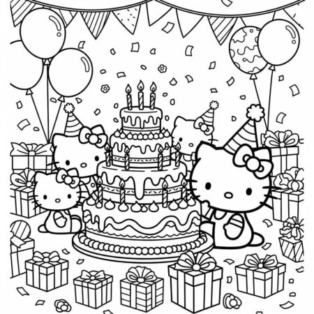 Hello Kitty bolo de aniversario (Desenho para Colorir)