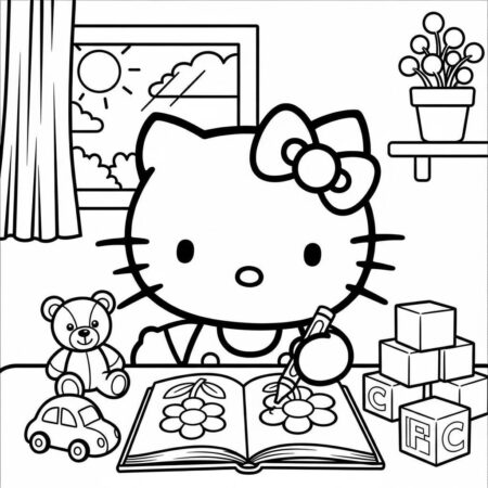 Hello Kitty brincando com brinquedos (Desenho para Colorir)