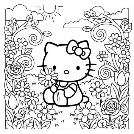 Hello Kitty com flores no jardim (Desenho para Colorir)