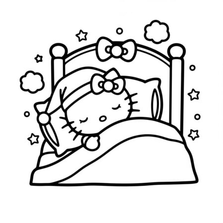 Hello Kitty dormindo na cama (Desenho para Colorir)