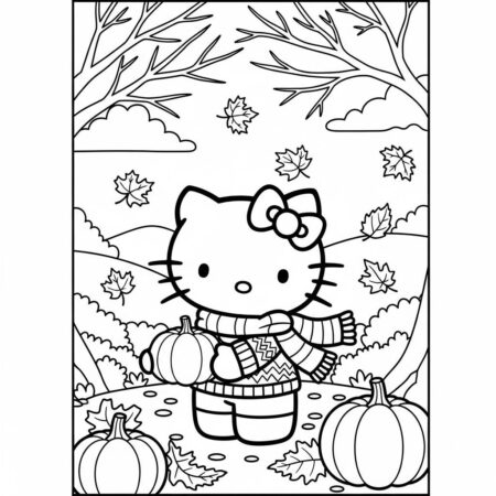 Hello Kitty em um dia de outono (Desenho para Colorir)