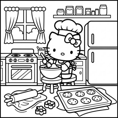 Hello Kitty fazendo biscoitos na cozinha (Desenho para Colorir)