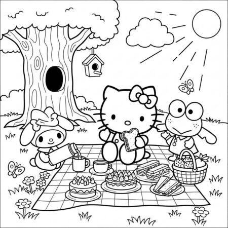 Hello Kitty fazendo um piquenique (Desenho para Colorir)