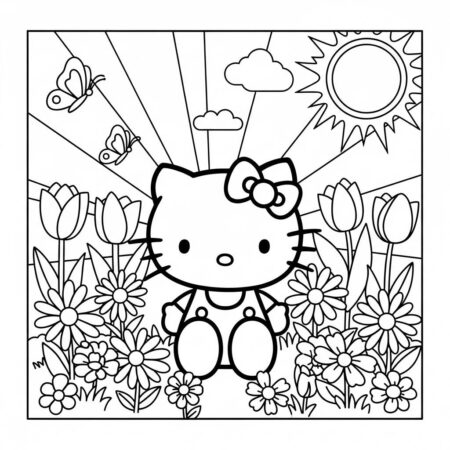 Hello Kitty flores no jardim (Desenho para Colorir)