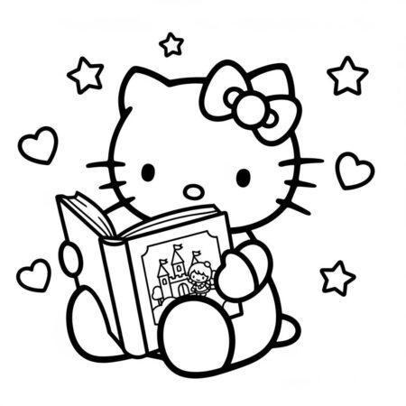 Hello Kitty lendo um livro (Desenho para Colorir)