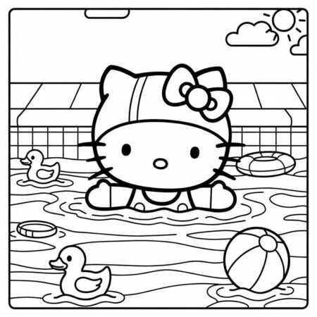 Hello Kitty mergulhando na piscina (Desenho para Colorir)