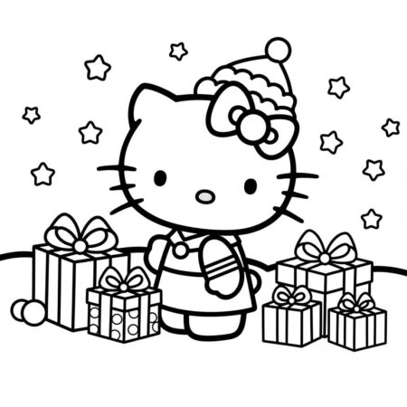 Hello Kitty no Natal com presentes (Desenho para Colorir)