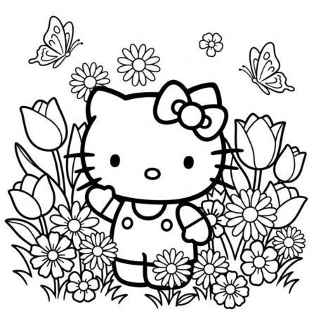 Hello Kitty no jardim de flores (Desenho para Colorir)