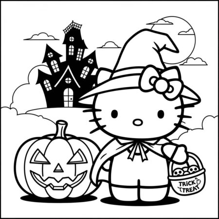 Hello Kitty vestida de Halloween (Desenho para Colorir)