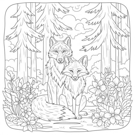 Lobo e Raposa na Floresta (Desenho para Colorir)