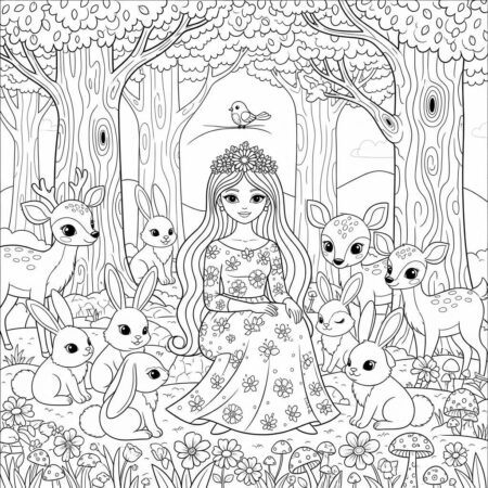 Princesa Com Animais (Desenho para Colorir)