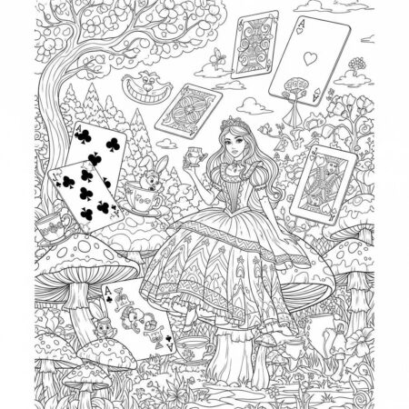 Princesa e Cartas de Baralho (Desenho para Colorir)